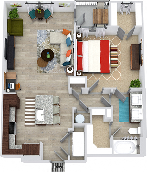 Floor plan for 1 bed, 1 bath, 852 sqft